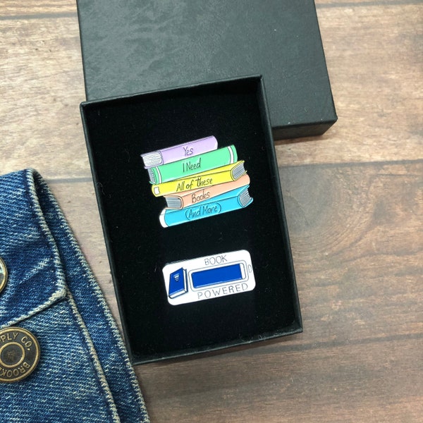 GIFT SET | Set of Two | Book Stack and Book Powered Enamel Pin | Gift | Lapel Pin, Badge |  Gift