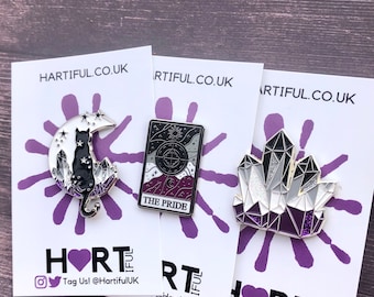 Asexual Pride Flag Crystal, Cat, Tarot Card Glitter Enamel Pin Set of Three (or individual) | Lapel Pin, Badge | LGBTQ+ | Ace Pin