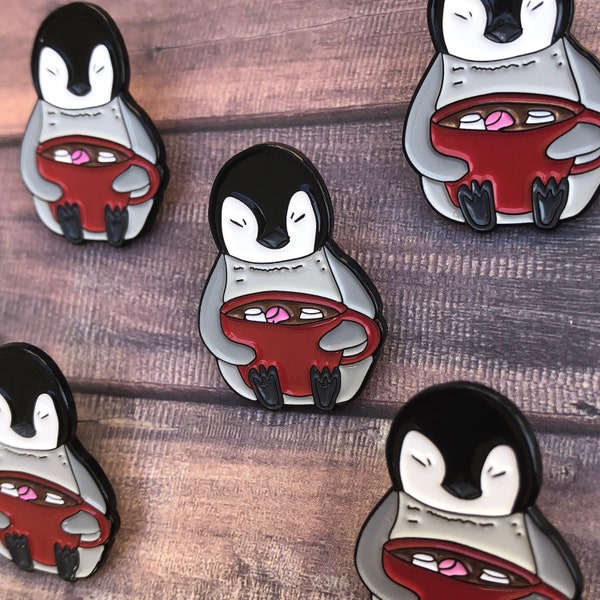 Baby Penguin with Hot Chocolate Enamel Pin | Stocking Filler Gift | Lapel Pin, Badge |  Gift