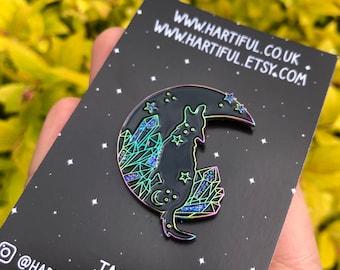 Rainbow Metal Wolf Howling to Moon Enamel Pin | Crystals, Moon Badge | Gift | Lapel Pin, Badge |  Gift