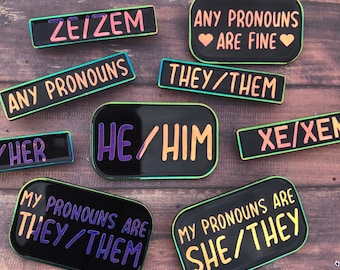 Limited Edition Any Pronoun / Pronouns Holographic/Irridescent Rainbow Metal Personalised Pin | Bespoke, Resined | Neopronouns,