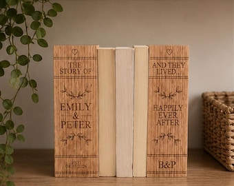 Personalised Solid Oak Wedding Bookends | Custom Engraved Book Spine Bookends | Unique Wedding Gift for Couple | Anniversary Present