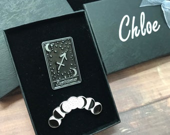 GIFT SET | Set of Two | Tarot Horoscope Cards And Moon Phases Enamel Pin | Star Sign, Moon, Stars| Stocking Filler Gift | Lapel Pin, Badge |