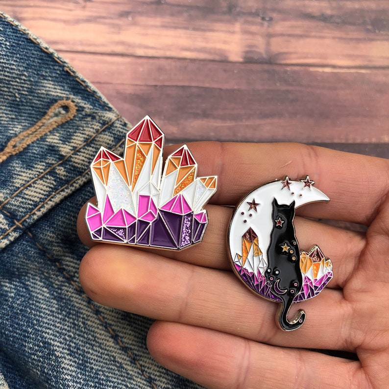 Lesbian Pride Flag Crystal and Cat Glitter Enamel Pin Set of Two or individual Lapel Pin, Badge LGBTQ l Pin image 7