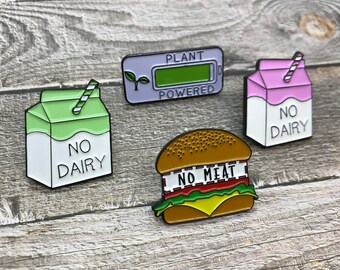 Set of 3 Vegan, Vegetarian Enamel Pins | No Meat, No Dairy, Plant Powered |Stocking Filler Gift | Lapel Pin, Badge |