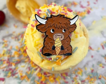 Highland Cow Eating Ice Cream Enamel Pin