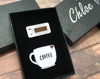 GIFT SET | Set of Two | Coffee Mug and Coffee Powered Enamel Pin | Stocking Filler Gift | Lapel Pin, Badge |  Gift