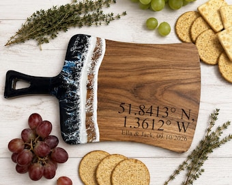 Personalised Coordinates Cheese Board | Custom Location Acacia Wood Board with Ocean Resin | Wedding Anniversary New Home Gift