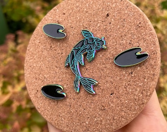 Set of Rainbow Metal Koi Fish with 3 Lily Pads  Enamel Pin | Badge Multi Chrome Ano metal Gift (Limited Edition)