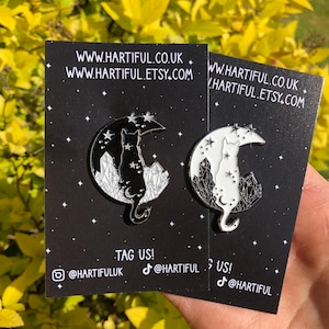 Black or White Cat sat on Moon Enamel Pin | Crystals, Moon Badge | Gift | Lapel Pin, Badge |  Gift