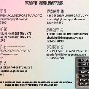 Peut inclure: Un graphique montrant sept styles de police diff&eacute;rents avec l'alphabet en majuscules et en minuscules, ainsi que les chiffres de 1 &agrave; 9. Le texte "FONT SELECTOR" est en haut de l'image. Le texte "IF YOU HAVE A DIFFERENT FONT IN MIND PLEASE DO MESSAGE ME AND LET ME KNOW, I WILL BE ABLE TO LET YOU KNOW IF IT WILL CUT OK!" est en bas de l'image.
