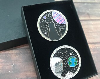 GIFT SET | Set of Two | Space Cat, Astronaut Enamel Pins | Gift | Lapel Pin, Badge |  Gift
