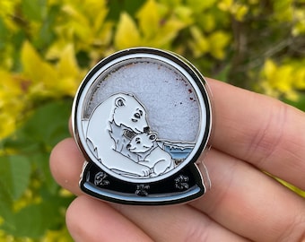 Polar Bear Snow Globe Shaker Enamel Pin – Moving with White Glitter Snow