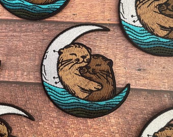 Otters Hugging with Moon Patch | Iron on, Sew On |  Patch |