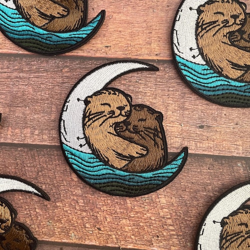Otters Hugging Moon Embroidery Patch - Iron On / Sew On