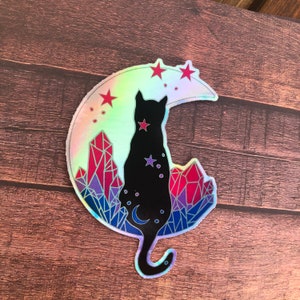 Sticker pour ordinateur portable irisé holographique chat bisexuel LGBT Fierté | Drapeau de la fierté subtile