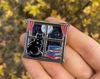 Cat and Books Enamel Pin with Shaker Moving Glitter and Stars