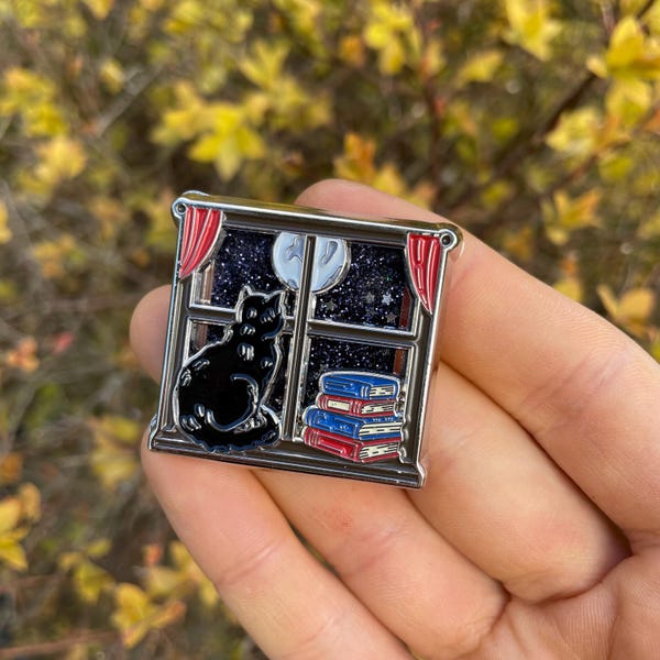 Cat and Books Enamel Pin with Shaker Moving Glitter and Stars