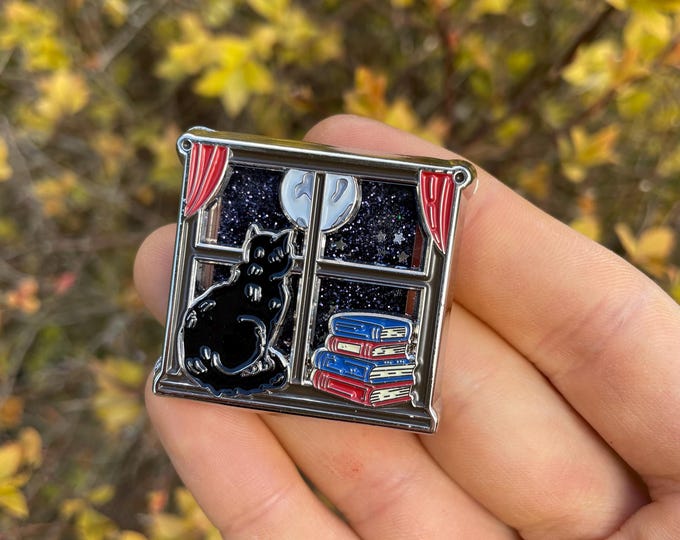 Featured listing image: Cat and Books Enamel Pin with Shaker Moving Glitter and Stars