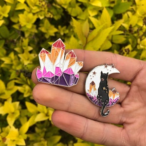 Lesbian Pride Flag Crystal and Cat Glitter Enamel Pin Set of Two or individual Lapel Pin, Badge LGBTQ l Pin image 3