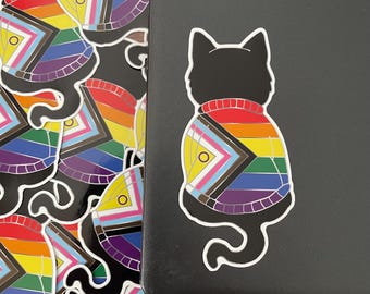 Pride Ally Cat Vinyl Sticker LGBTQ+ Pride Progress Flag, LGBTQIA+ Gift
