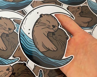 Cute Otter Couple Vinyl Sticker – Moon & Stars Hugging Otters