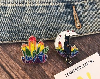 LGBT Rainbow Pride Flag Crystal and Cat Glitter Enamel Pin Set of Two (or individual) | Lapel Pin, Badge | LGBTQ+ | l Pin