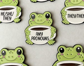 Custom Pronouns Enamel Pin, Cute Frog with Mug | Any Pronouns Engraved