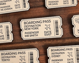 Customisable Boarding Pass Ticket Enamel Pin | Personalised Engraved Ticket Badge. Vacation, Holiday, Surprise Trip