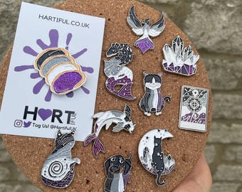 Asexual Pride Flag Crystal, Cat, Tarot Card Glitter Enamel Pin Set (or individual) | Lapel Pin, Badge | LGBTQ+ | Ace Pin