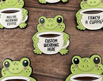 Cute Frog with Coffee Cup Enamel Pin – Custom Engraved Mug