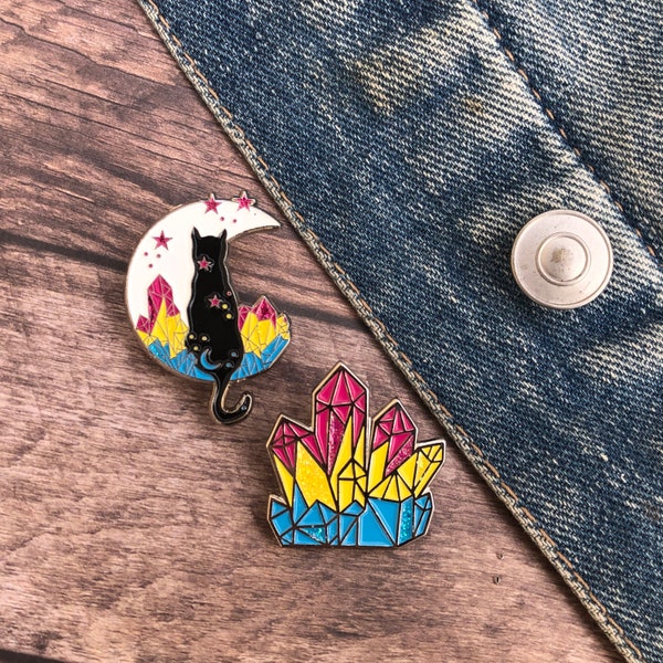 Pansexual Pride Flag Crystal and Cat Glitter Enamel Pin Set of Two (or individual) | Lapel Pin, Badge | LGBTQ+ | l Pin