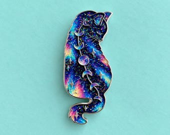 Celestial Galaxy Cat Enamel Pin | Rainbow Glitter, Moon Phases