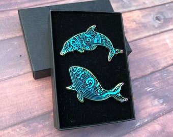 GIFT SET Personalise A Box | Set of Two | Rainbow Metal Whale and Dolphin Enamel Pins | Lapel Pin, Badge |  Gift