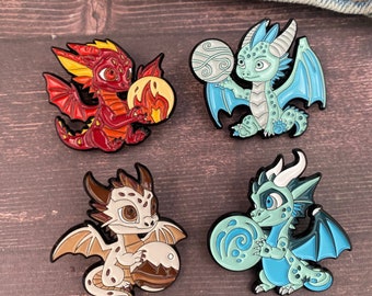 Set of 4 Elemental Dragon Enamel Pins, Crystal Ball Dragon Pins, Collectible Enamel Dragon Pins
