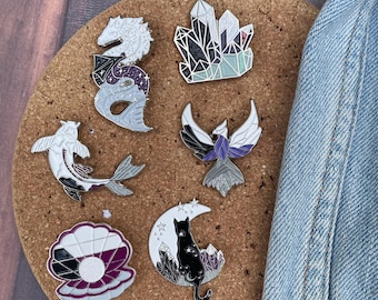 Demisexual Pride Enamel Pin Set: Crystal & Cat Glitter LGBTQ+ Pins