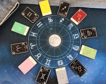 Set of Two | Tarot Horoscope Cards | Colours And Black and White | Star Sign, Moon, Stars | Gift | Lapel Pin, Badge |
