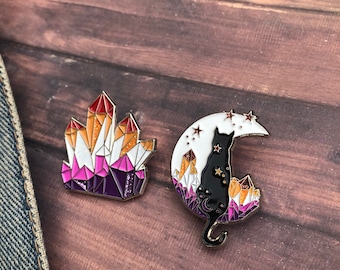 Lesbian Pride Flag Crystal and Cat Glitter Enamel Pin Set of Two (or individual) | Lapel Pin, Badge | LGBTQ+ | l Pin