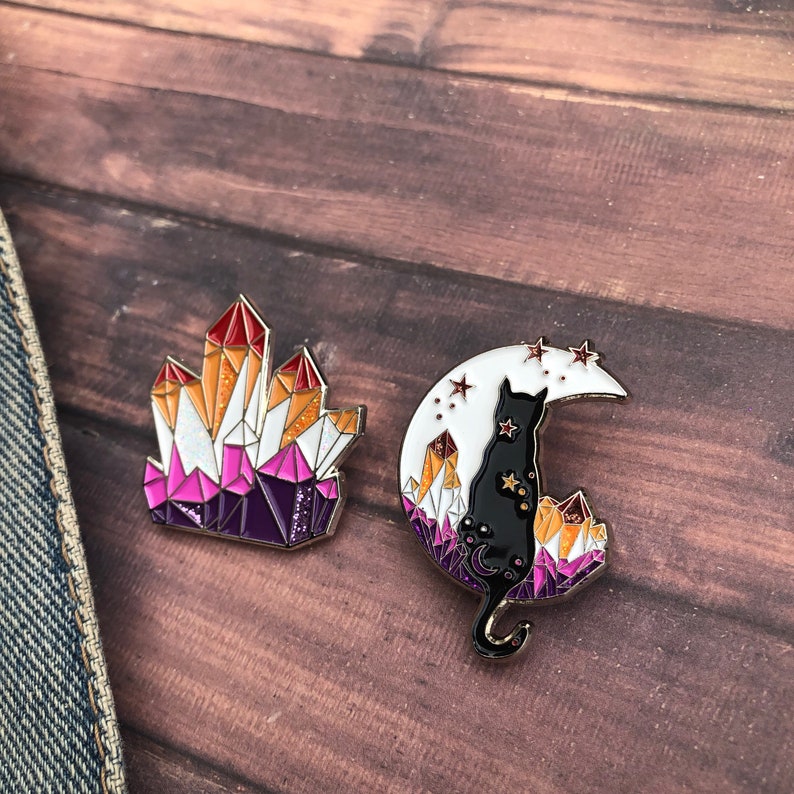 Lesbian Pride Flag Crystal and Cat Glitter Enamel Pin Set of Two or individual Lapel Pin, Badge LGBTQ l Pin image 1