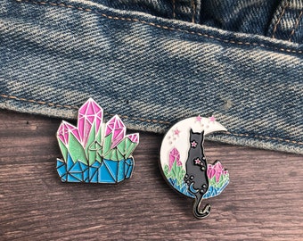 Polysexual Pride Flag Crystal and Cat Glitter Enamel Pin Set of Two (or individual) | Lapel Pin, Badge | LGBTQ+ | Pin