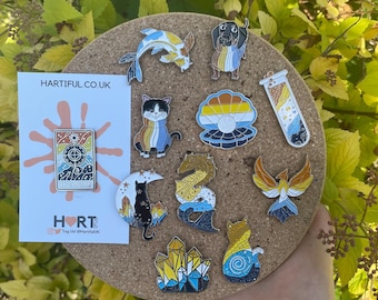 Aroace Pride Enamel Pin Set: Cat, Crystal, Tarot Card, Galaxy Cat