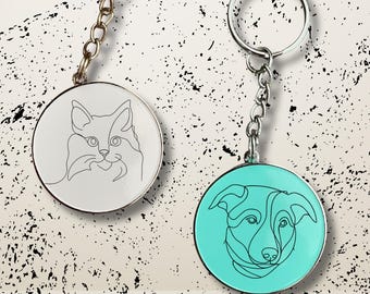 Custom Pet Portrait Keychain, Engraved Line Art, Personalised Cat or Dog Keepsake Gift
