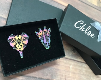 GIFT SET | Set of Two |Rainbow Metal Giraffe and Elephant Enamel Pin | Stocking Filler Gift | Lapel Pin, Badge |