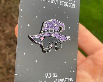 Cat Witch/Wizard Hat with Glitter Enamel Pin Lapel Pin, Badge