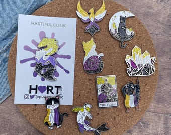 Non Binary Pride Flag Crystal and Cat Glitter Enamel Pin Sets Lapel Pin, Badge | LGBTQ+ | Enby Nonbinary