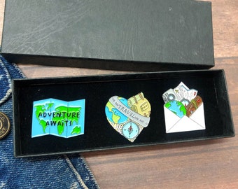 GIFT SET | Set of Three |Travel Lover Wanderlust Enamel Pin | Gift | Lapel Pin, Badge |  Gift