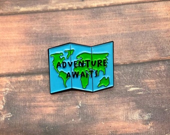 Adventure Awaits Map Enamel Pin | Wanderlust, Backpacking |  Gift | Lapel Pin, Badge |  Gift