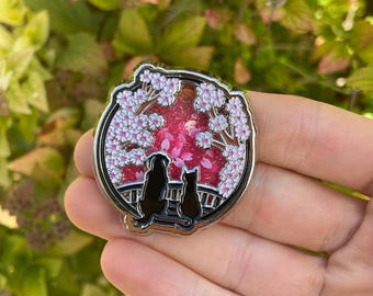 Moving Dog & Cat Under Cherry Blossoms, Enamel Pin Shaker Glitter