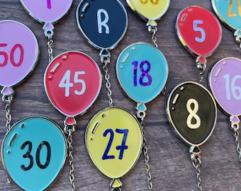 Personalised Customisable Balloon Enamel Pin Chain | Birthday Gift Badge Age