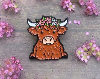 Highland Cow with Flower Crown Enamel Pin | Gift | Lapel Pin, Badge |